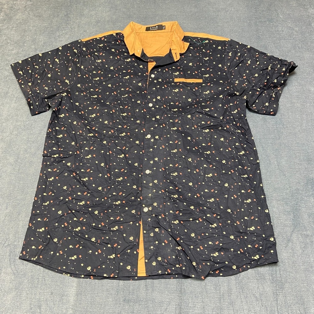 SSLR Shirt Mens XL Black Speckle Floral Casual Cotton Chest Pocket Button Up